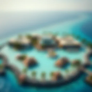 Aerial view of a stunning crystal lagoon surrounded by luxury villas.