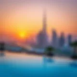 A stunning infinity pool overlooking the Dubai skyline at sunset