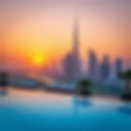 A stunning infinity pool overlooking the Dubai skyline at sunset