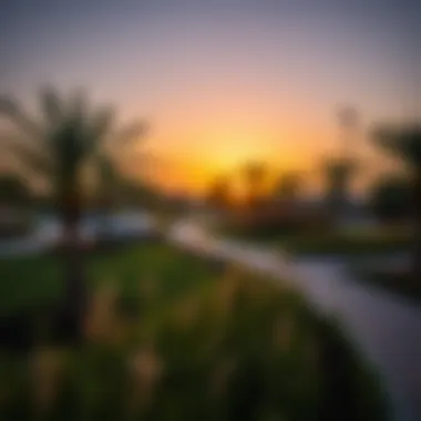 Landscaping Design of Warqa Park at Sunset The unique landscaping design of Warqa Park highlighted in the sunset