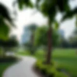 A serene view of Warqa Park showcasing its lush greenery and walking paths