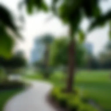 Serene Greenery of Warqa Park A serene view of Warqa Park showcasing its lush greenery and walking paths