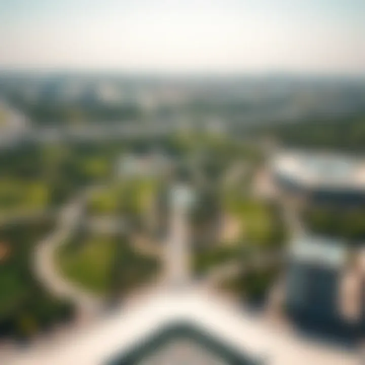 Aerial Perspective of Urban Oasis Aerial view of X Park showcasing its lush landscapes and recreational areas